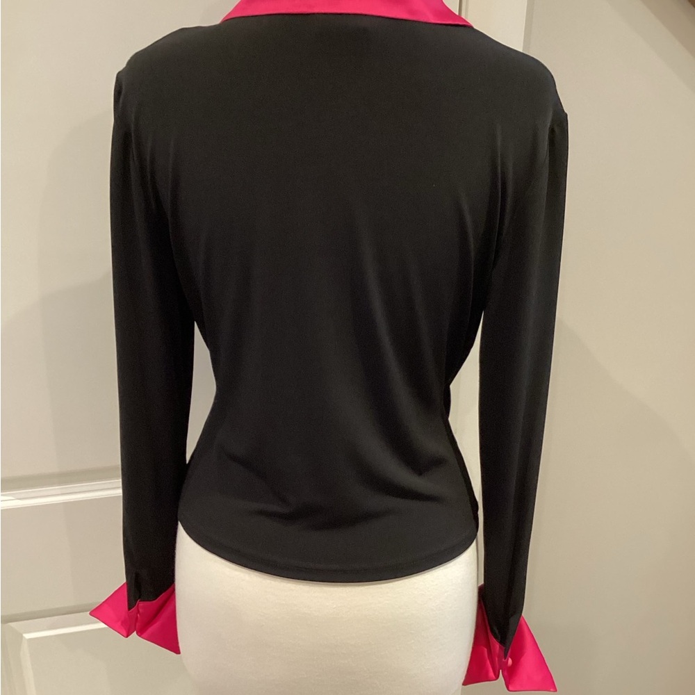 Chic Black and Pink Wrap Blouse with Notched Collar - Picture 2 of 5